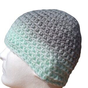 Men's Beanie Hat Head Hugger Handmade Silver Mint Green Crochet Hiking Skiing OS